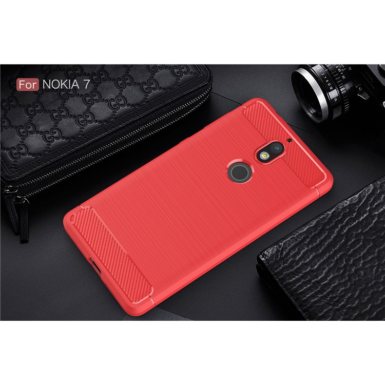 Carbon Fibre Brushed TPU Protection Case for Nokia 7 - Red-2