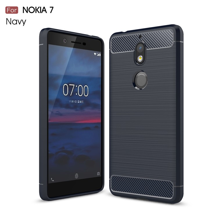 Carbon Fibre Brushed TPU Shell Cover Case for Nokia 7 - Dark Blue-1