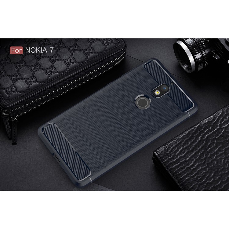 Carbon Fibre Brushed TPU Shell Cover Case for Nokia 7 - Dark Blue-2