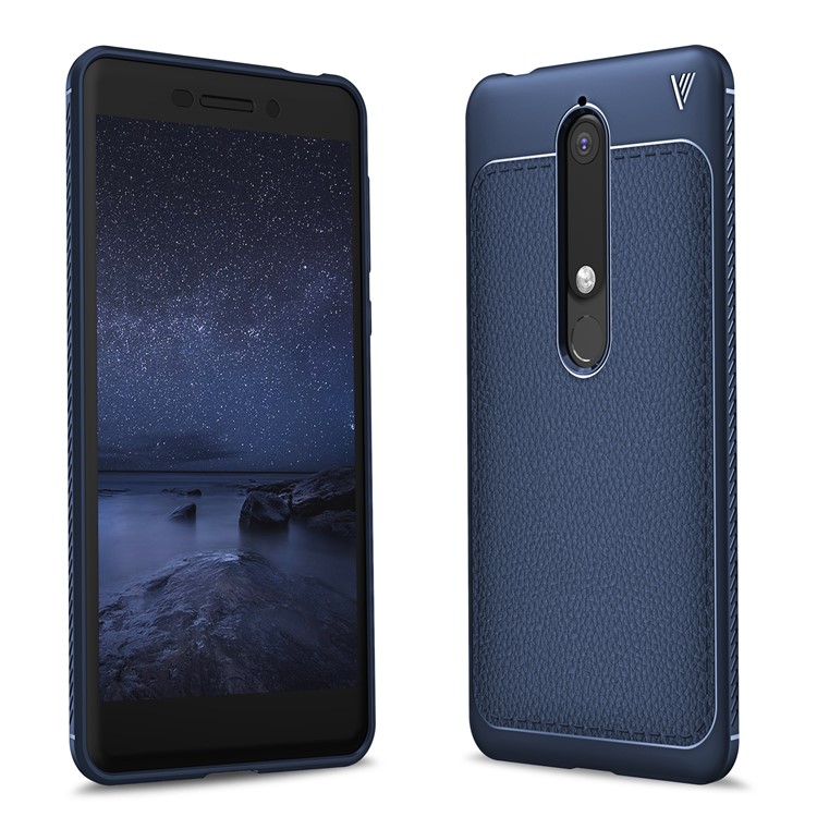 IVSO Gentry Series Litchi Texture Leather Coated TPUGel Back Case for Nokia 6.1 (5.5-inch) - Dark Blue-1