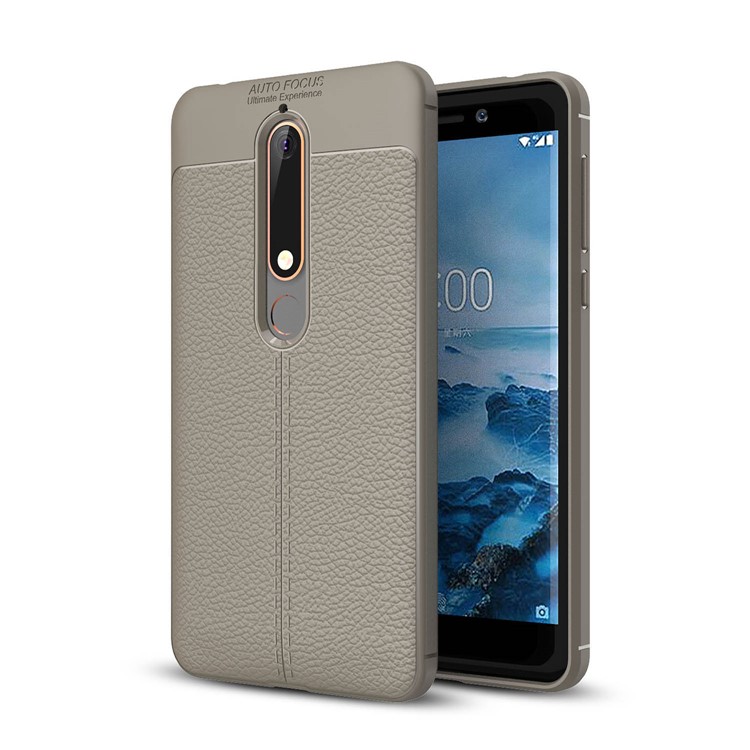 Litchi Texture PU leather Coated TPU Mobile Casing for Nokia 6.1 (5.5-inch) - Grey-1