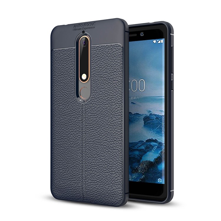 Litchi Texture PU leather Coated TPU Phone Casing for Nokia 6.1 (5.5-inch) - Dark Blue-1
