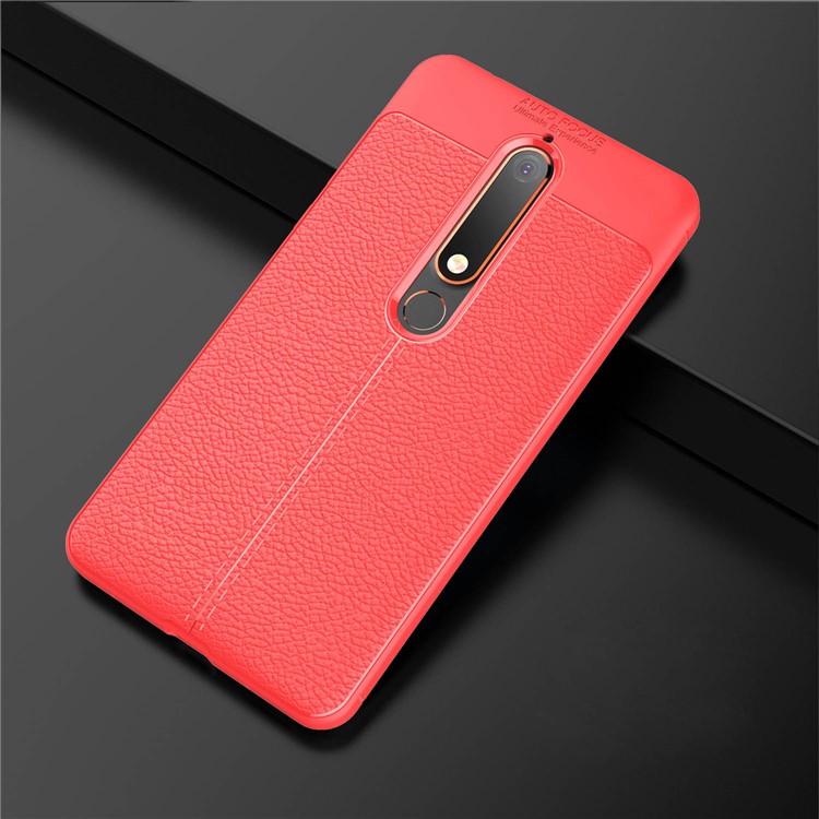 Litchi Texture PU leather Coated TPU Protective Cover Case for Nokia 6.1 (5.5-inch) - Red-2