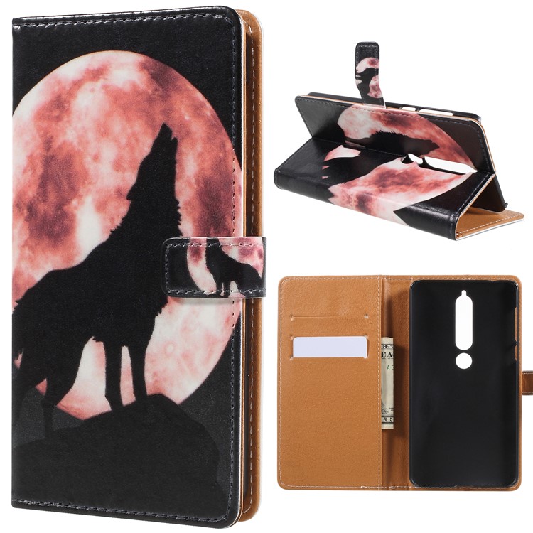 Pattern Printing Leather Wallet Stand Casing for Nokia 6.1 (5.5-inch) - Wolf Howling at the Moon-1