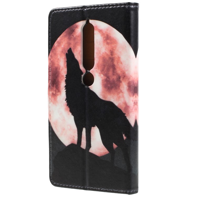 Pattern Printing Leather Wallet Stand Casing for Nokia 6.1 (5.5-inch) - Wolf Howling at the Moon-3