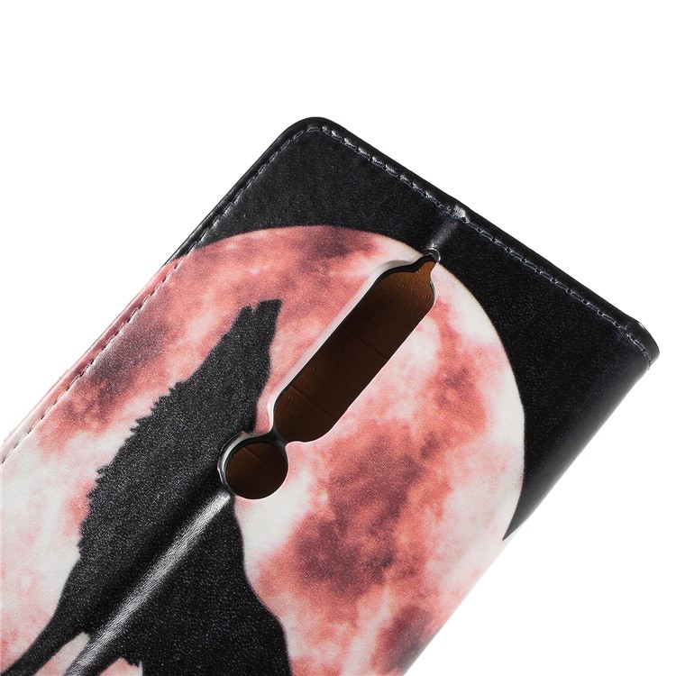 Pattern Printing Leather Wallet Stand Casing for Nokia 6.1 (5.5-inch) - Wolf Howling at the Moon-6