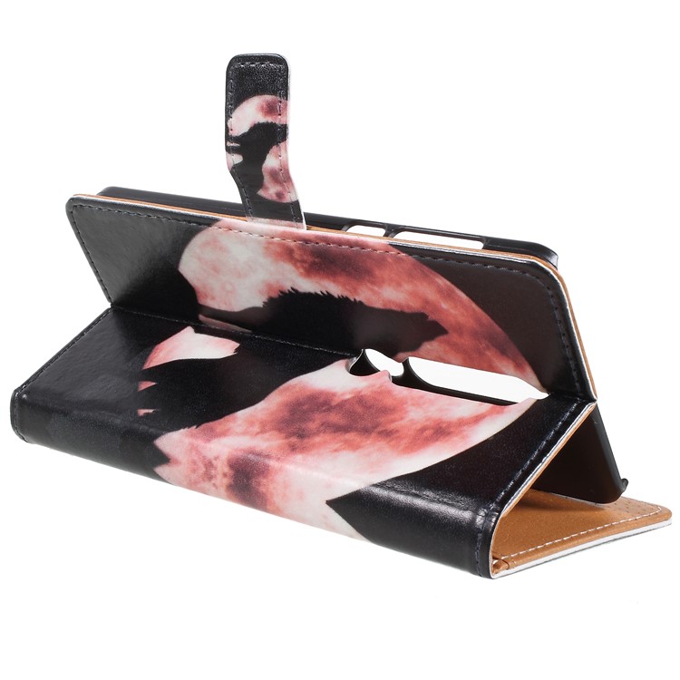 Pattern Printing Leather Wallet Stand Casing for Nokia 6.1 (5.5-inch) - Wolf Howling at the Moon-8