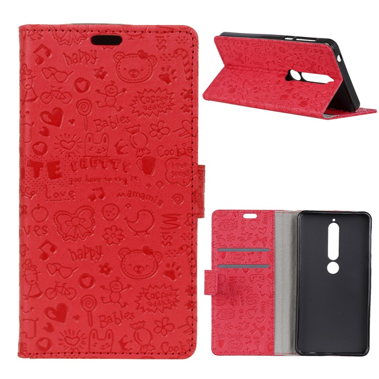 Cartoon Graffiti PU Leather Wallet Mobile Cover for Nokia 6.1 (5.5-inch) - Red-1