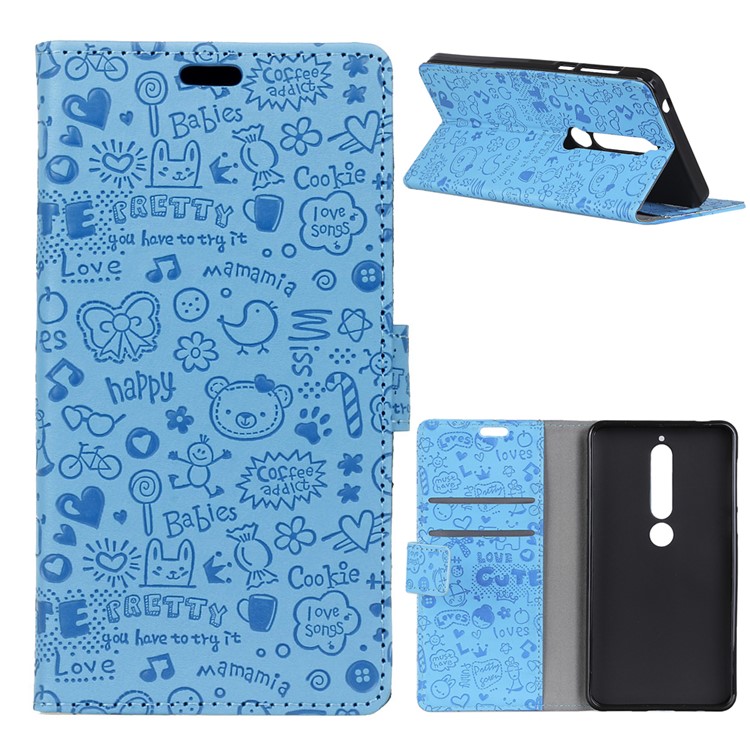 Cartoon Graffiti PU Leather Stand Cell Phone Cover for Nokia 6.1 (5.5-inch) - Blue-1