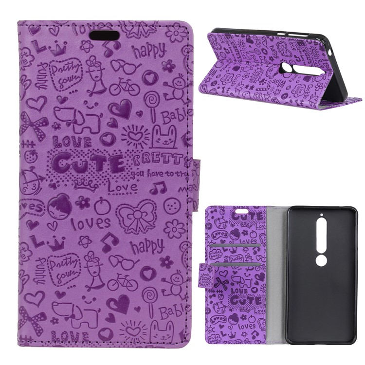 Cartoon Graffiti PU Leather Stand Protective Case for Nokia 6.1 (5.5-inch) - Purple-1