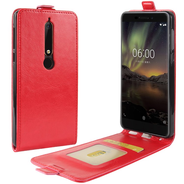 Crazy Horse Vertical PU Leather Card Holder Case for Nokia 6.1 (5.5-inch) - Red-1