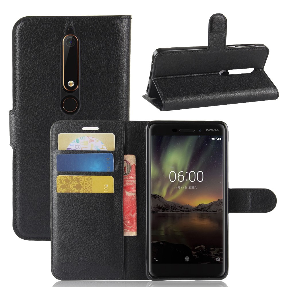 Litchi Texture PU Leather Wallet Stand Mobile Phone Shell for Nokia 6.1 (5.5-inch) - Black