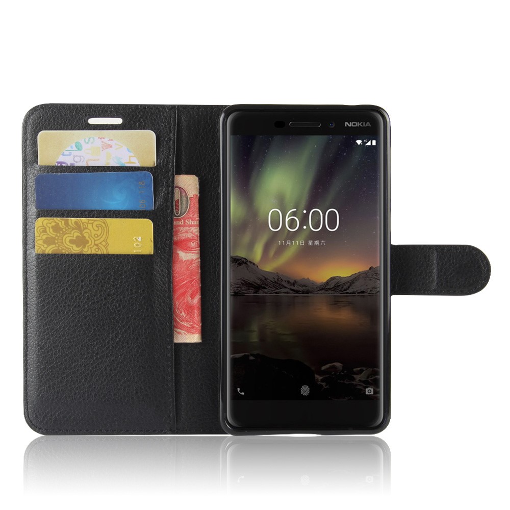 Litchi Texture PU Leather Wallet Stand Mobile Phone Shell for Nokia 6.1 (5.5-inch) - Black