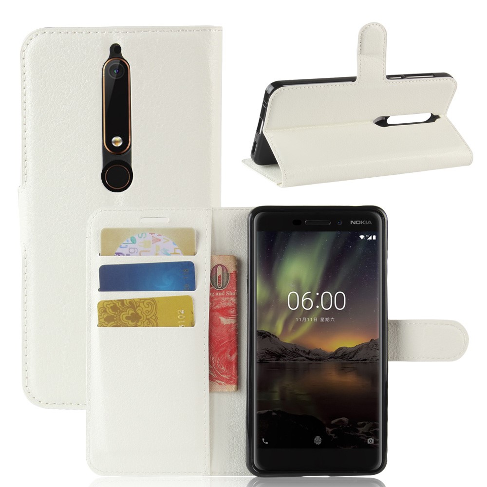 Litchi Texture Wallet Leather Flip Stand Phone Cover for Nokia 6.1 (5.5-inch) - White-1