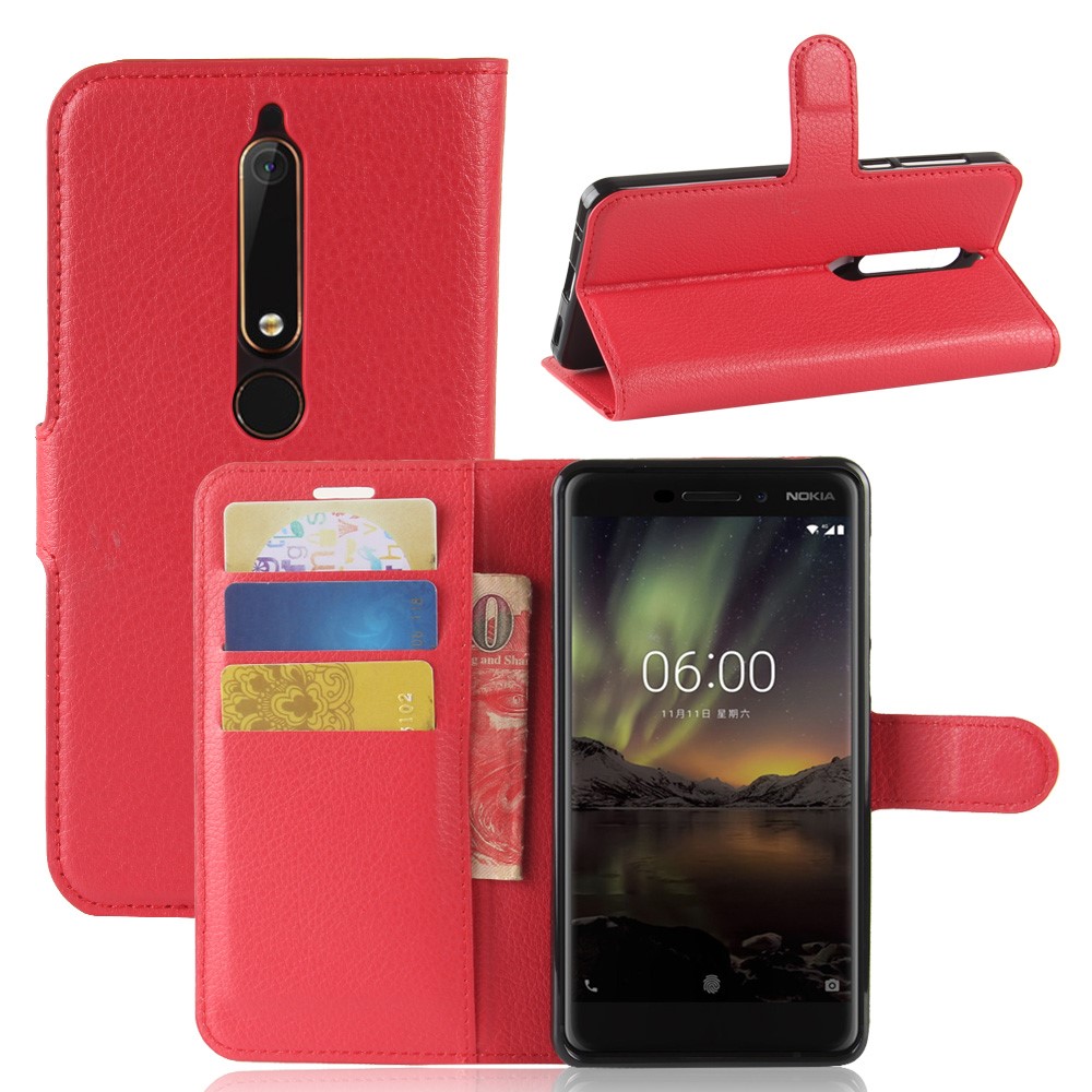 Litchi Texture Wallet Leather Mobile Shell with Stand for Nokia 6.1 (5.5-inch) - Red-1