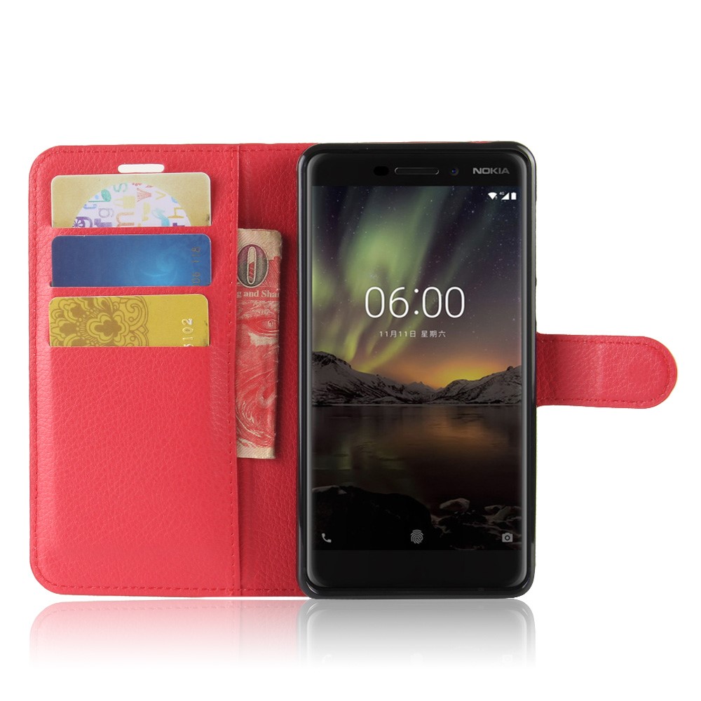 Litchi Texture Wallet Leather Mobile Shell with Stand for Nokia 6.1 (5.5-inch) - Red-3