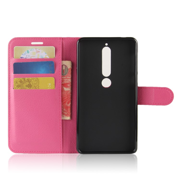 Litchi Textura PU Carteira de Couro Stand Phone Cell Shell Para Nokia 6.1 (5,5 Polegadas) - Rosa-4