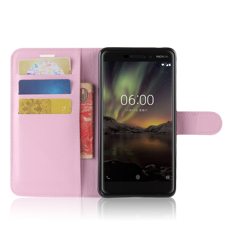 Litchi Texture PU Leather Protection Cell Phone Case for Nokia 6.1 (5.5-inch) - Pink-3