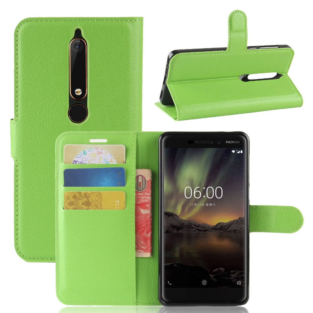 Litchi Texture Stand Wallet Leather Phone Shell for Nokia 6.1 (5.5-inch) - Green-1