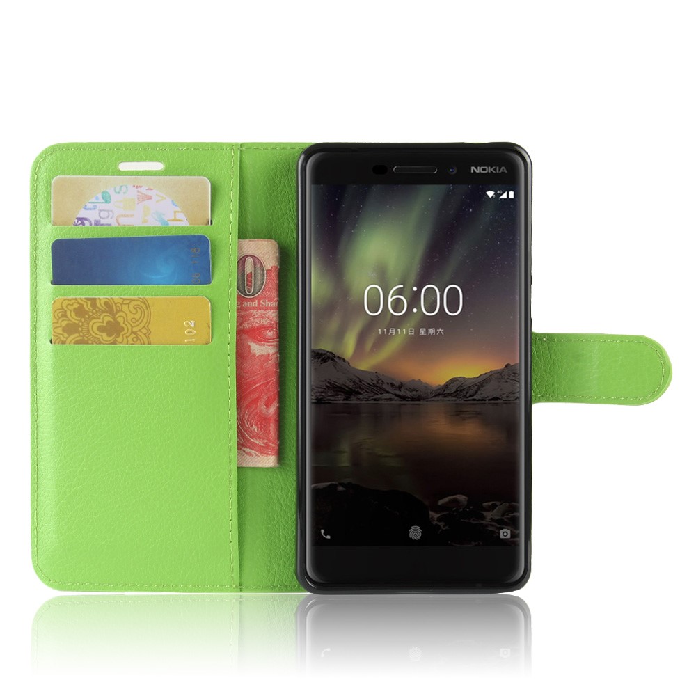 Litchi Texture Stand Wallet Leather Phone Shell for Nokia 6.1 (5.5-inch) - Green-3