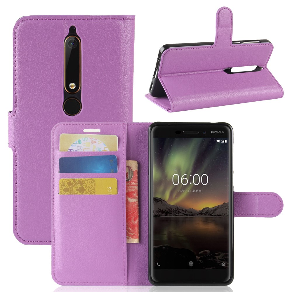 Litchi Texture Card Holder Leather Case for Nokia 6.1 (5.5-inch) - Purple-1