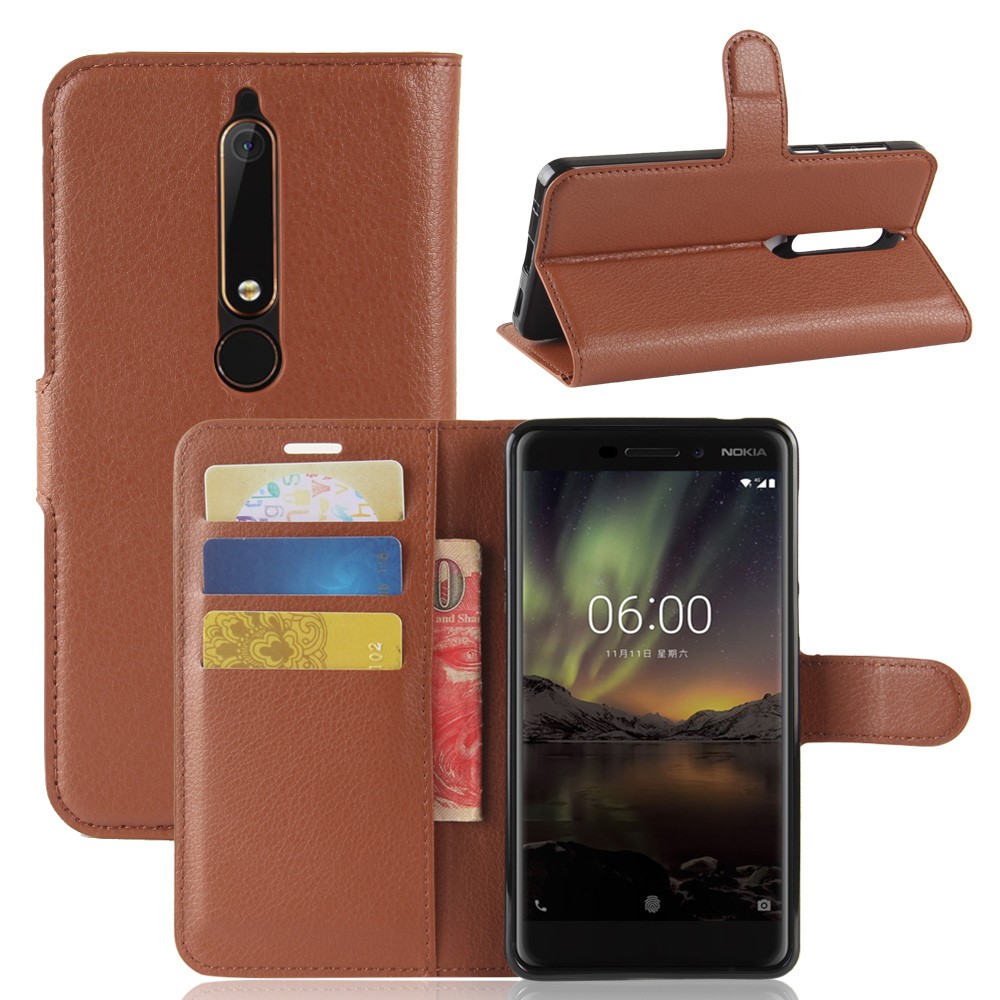 Litchi Texture Leather Shell with Card Slots for Nokia 6.1 (5.5-inch) - Brown-1