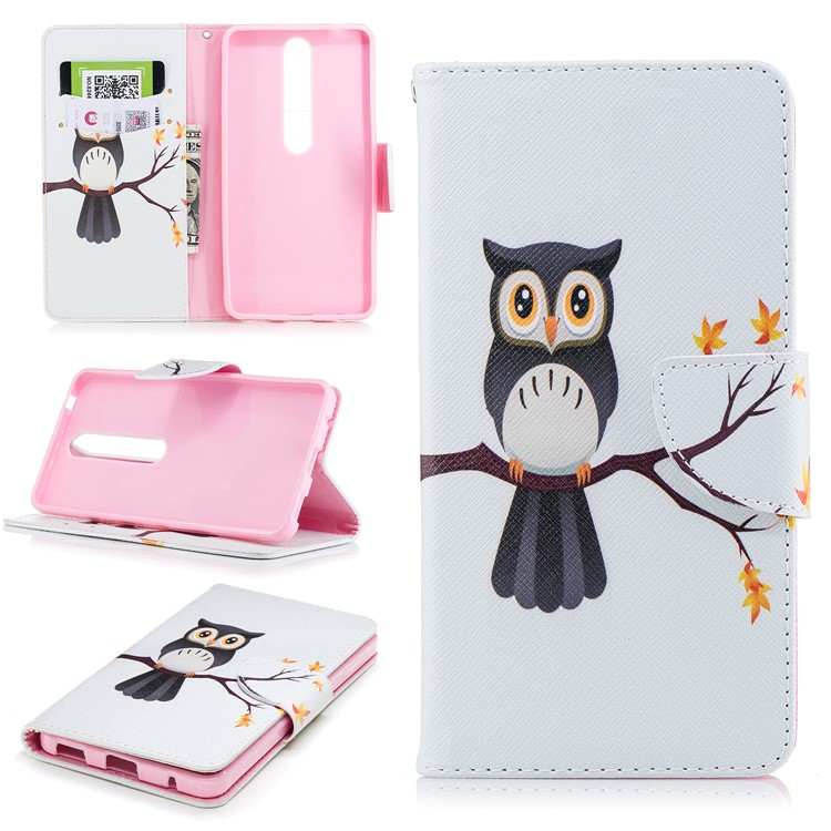 For Nokia 6.1 (5.5-inch) Patterned PU Leather Stand Phone Case - An Owl Standing on Branch-1