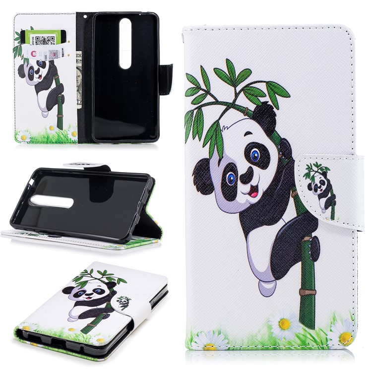 For Nokia 6.1 (5.5-inch) Patterned PU Leather Stand Wallet Cover - Lovely Panda on Bamboo-1