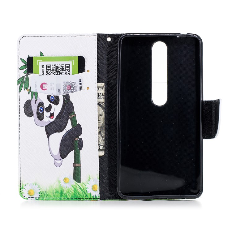 For Nokia 6.1 (5.5-inch) Patterned PU Leather Stand Wallet Cover - Lovely Panda on Bamboo-8