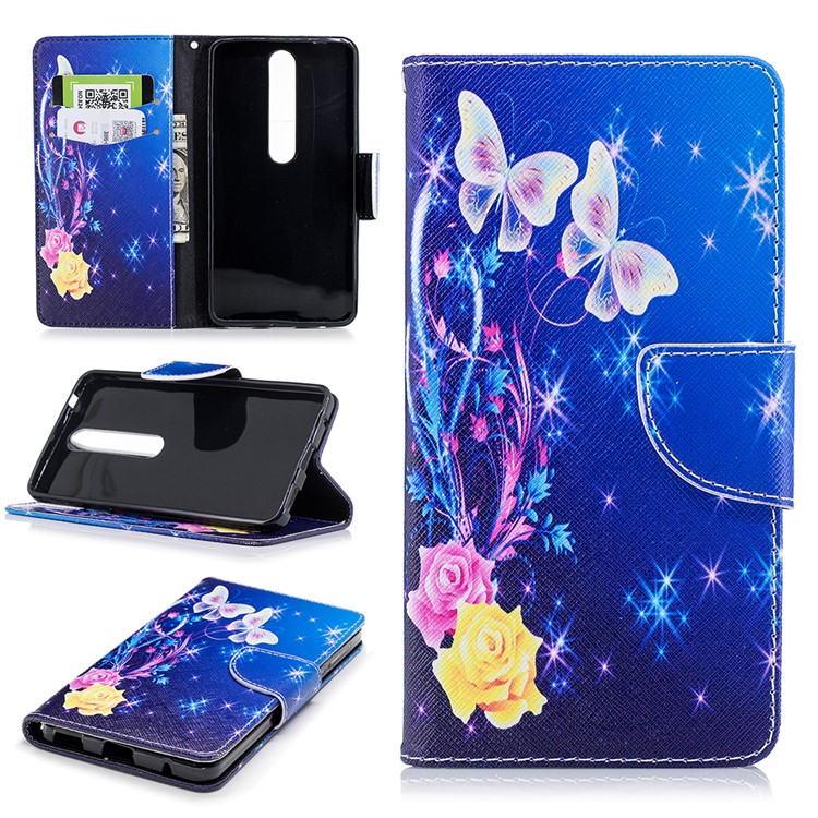 For Nokia 6.1 (5.5-inch) Patterned PU Leather Stand Protective Cover - Roses and Butterflies-1