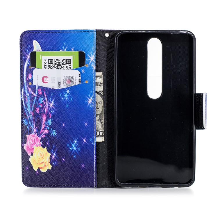 For Nokia 6.1 (5.5-inch) Patterned PU Leather Stand Protective Cover - Roses and Butterflies-8