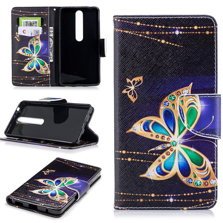 For Nokia 6.1 (5.5-inch) Patterned PU Leather Stand Protective Case - Butterfly with Diamond-1