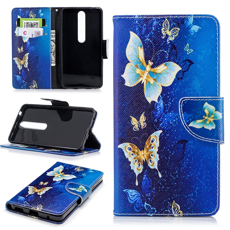 For Nokia 6.1 (5.5-inch) Patterned PU Leather Stand Protector Cover - Blue Butterflies-1