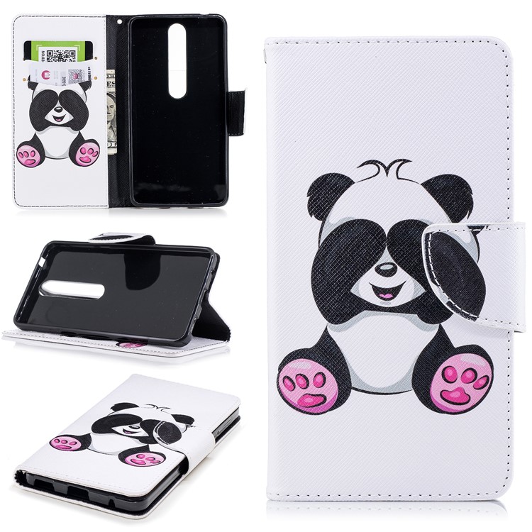For Nokia 6.1 (5.5-inch) Patterned PU Leather Stand Phone Accessory Cover - Adorable Panda-1