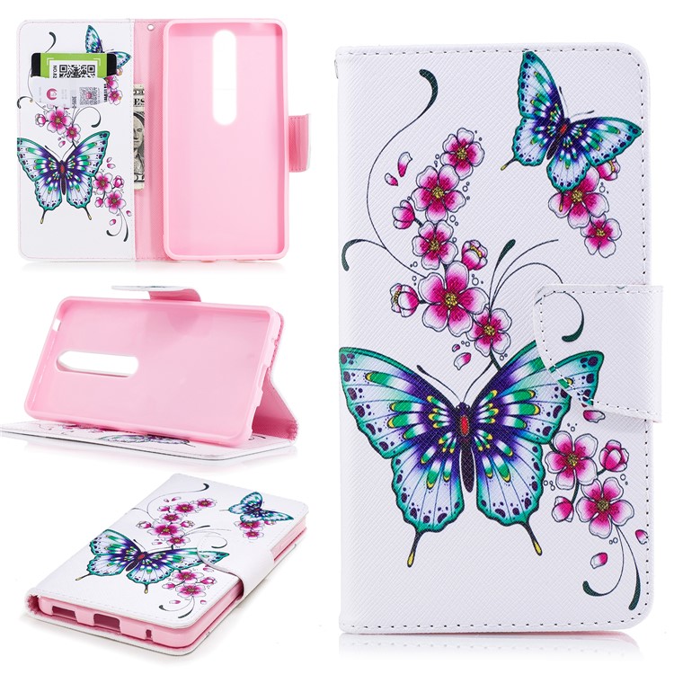 For Nokia 6.1 (5.5-inch) Patterned PU Leather Stand Mobile Phone Shell - Butterflies and Flower-1