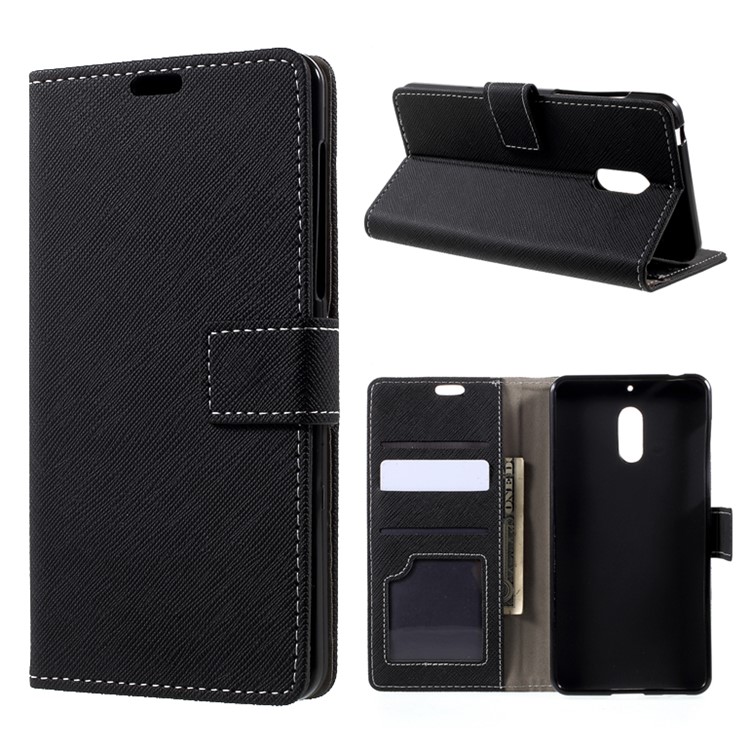 Cross Texture Flip Stand Leather Wallet Phone Case for Nokia 6 - Black-1
