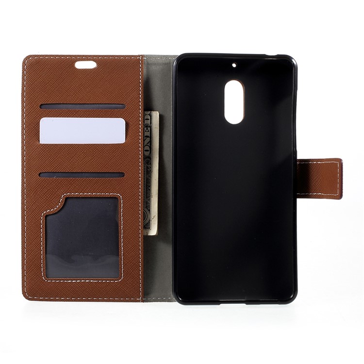 For Nokia 6 Cross Texture Wallet Stand Leather Mobile Casing - Brown-5