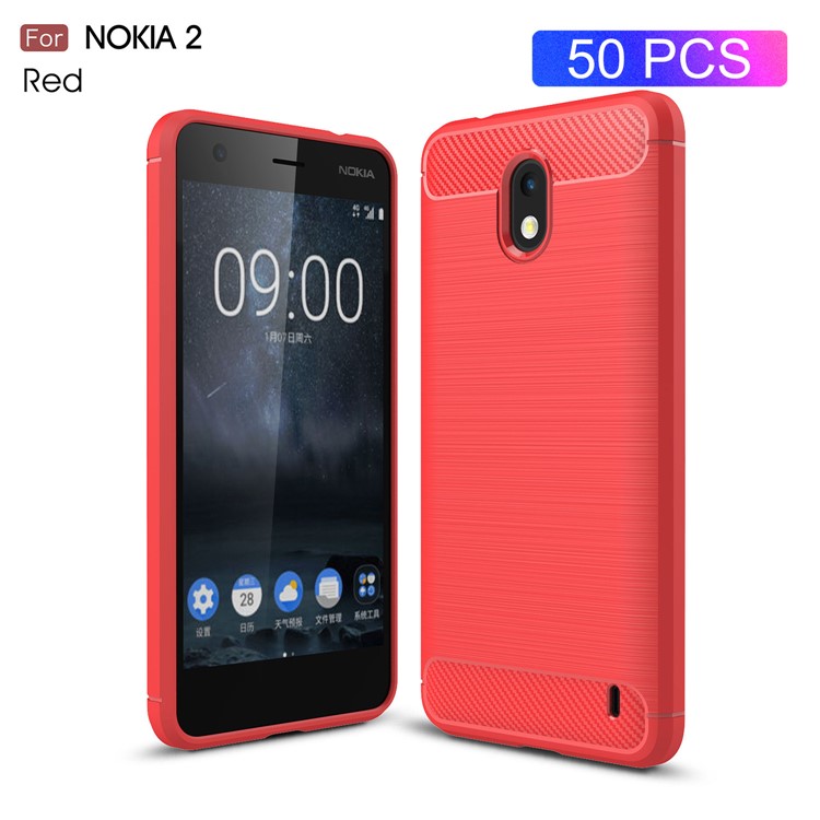 50PCS/Lot Carbon Fibre Brushed TPU Shell Cover Case for Nokia 2 - Red-1