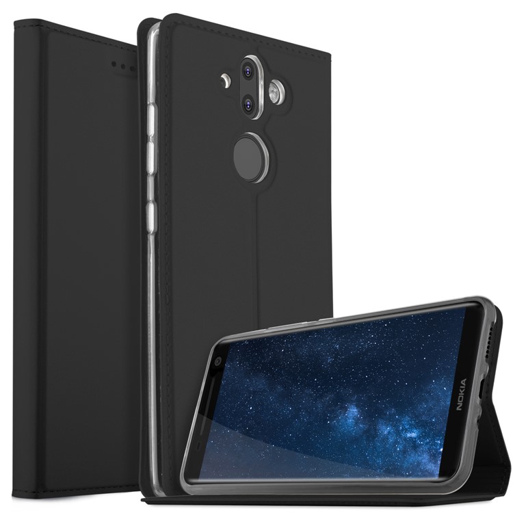 Auto-absorbed Leather Card Holder Case with Stand for Nokia 8 Sirocco / Nokia 9 - Black-1