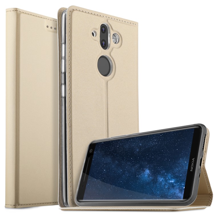 Auto-absorbed PU Leather Card Holder Case with Stand for Nokia 8 Sirocco / Nokia 9 - Gold-1