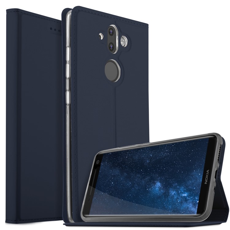 Auto-absorbed Leather Folio Case with Stand for Nokia 8 Sirocco / Nokia 9 - Dark Blue-1