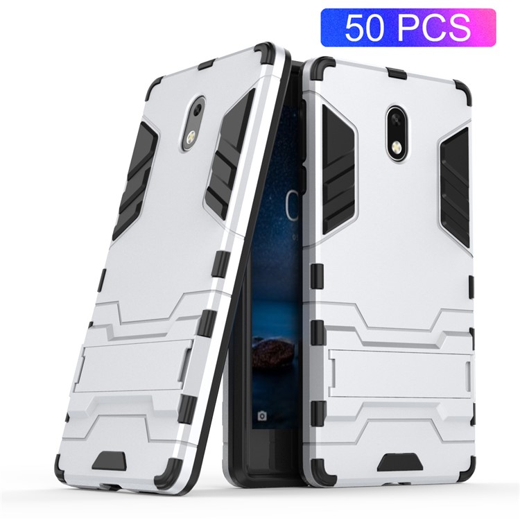 50Pcs/Set Cool Guard PC + TPU Hybrid Protection Cover with Kickstand for Nokia 3 - Silver-1
