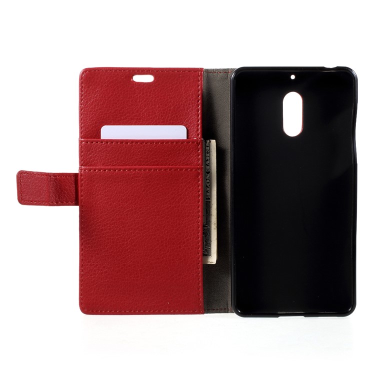For Nokia 6 Litchi Texture Stand Leather Wallet Phone Case Shell - Red-5
