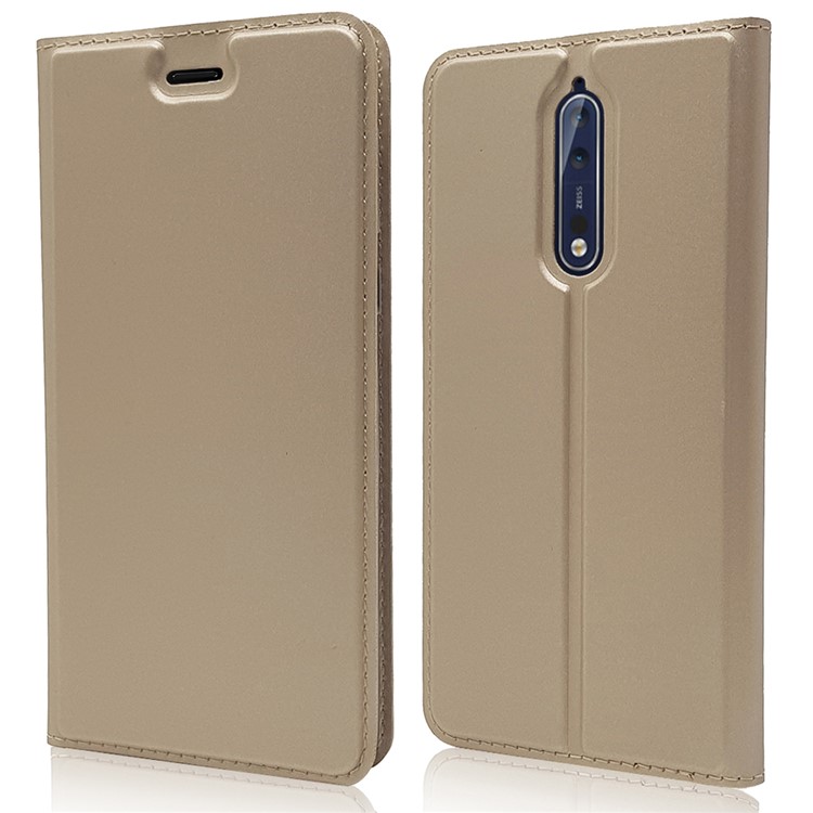 Magnetic PU Leather Flip Stand Cell Phone Case with Card Slot for Nokia 8 - Gold-1
