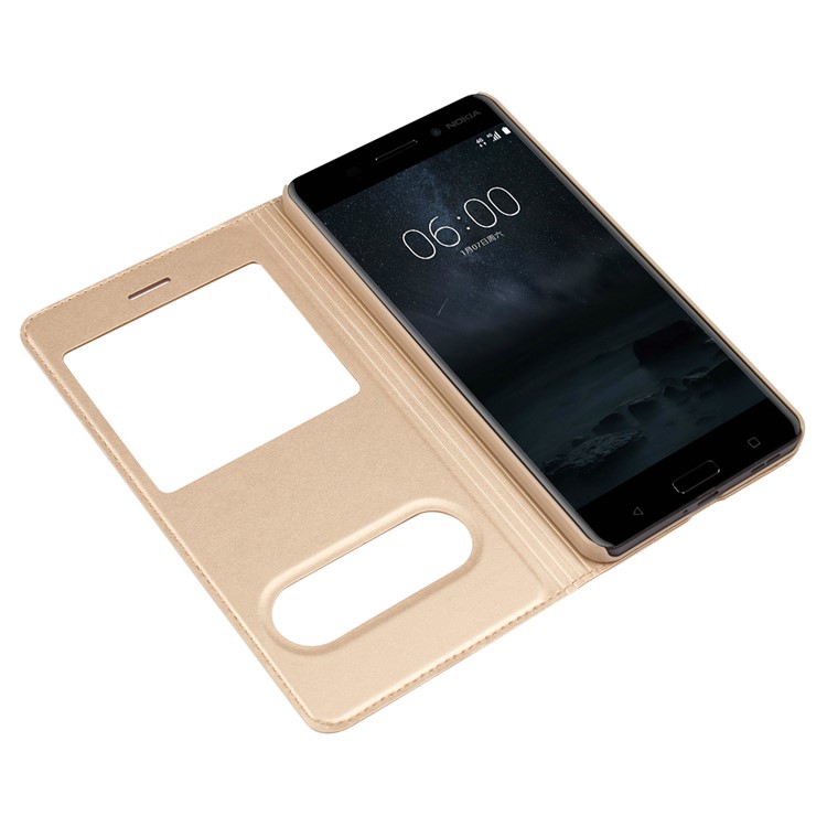 Dual View Window Slim Leather Mobile Shell for Nokia 6 (2017) - Gold-10