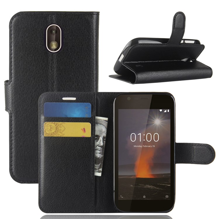 Litchi Texture Wallet Stand Leather Case for Nokia 1 - Black-1