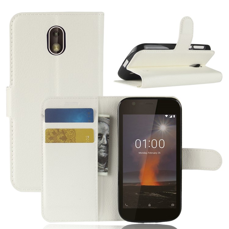 Litchi Texture Wallet Stand Leather Cover for Nokia 1 - White-1