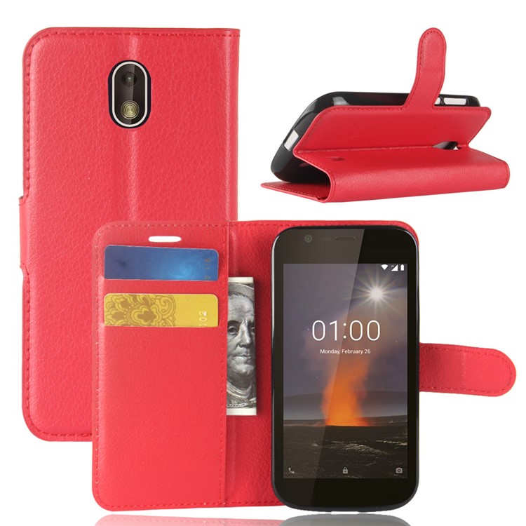 Litchi Texture Wallet Stand Leather Shell for Nokia 1 - Red-1