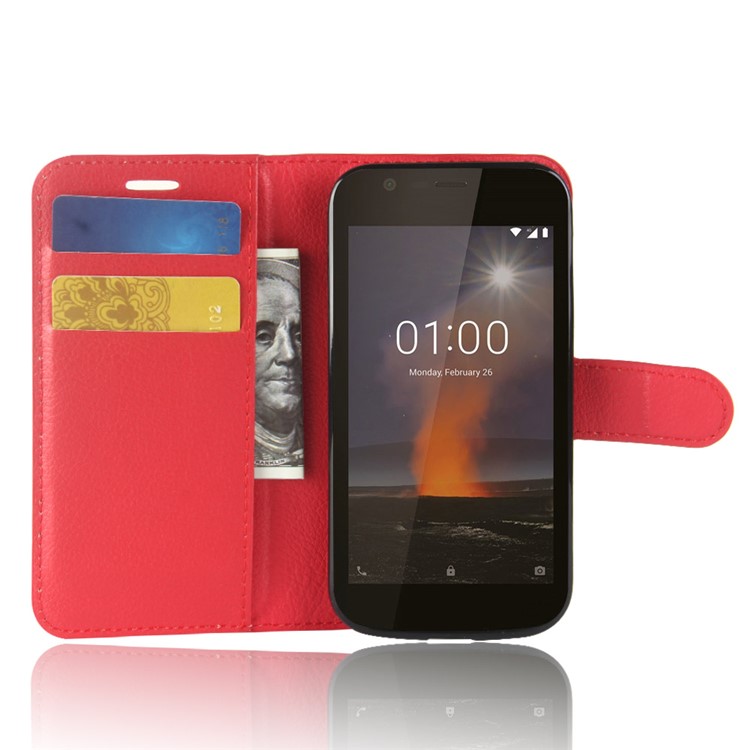 Litchi Texture Wallet Stand Leather Shell for Nokia 1 - Red-4