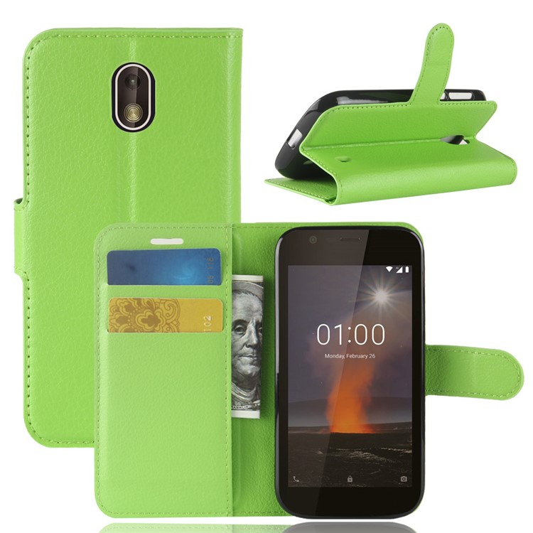 Litchi Texture Wallet Stand Leather Phone Shell for Nokia 1 - Green-1